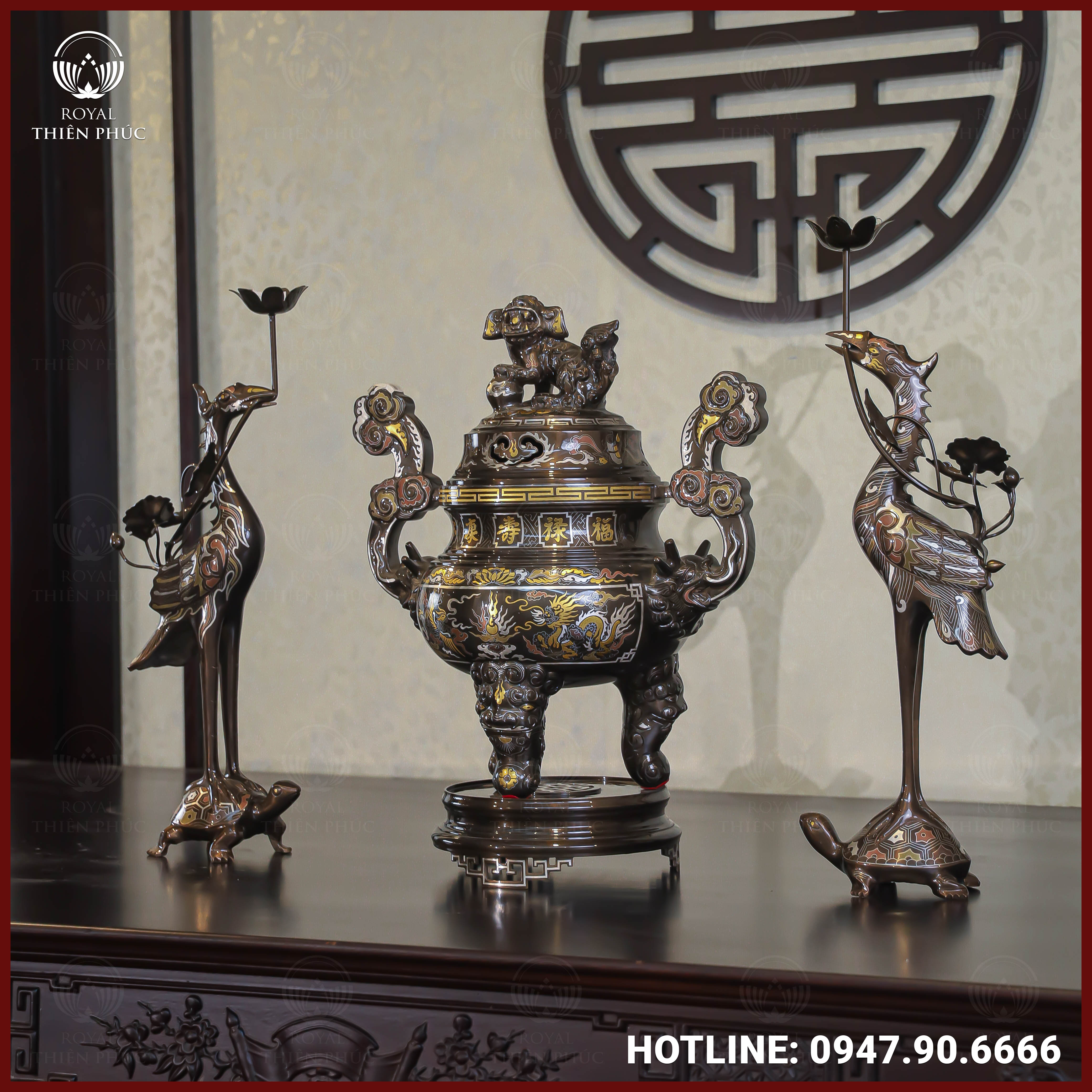 Bộ tam sự hạc đồng đỏ khảm ngũ sắc song long chầu nguyệt cao 50cm
